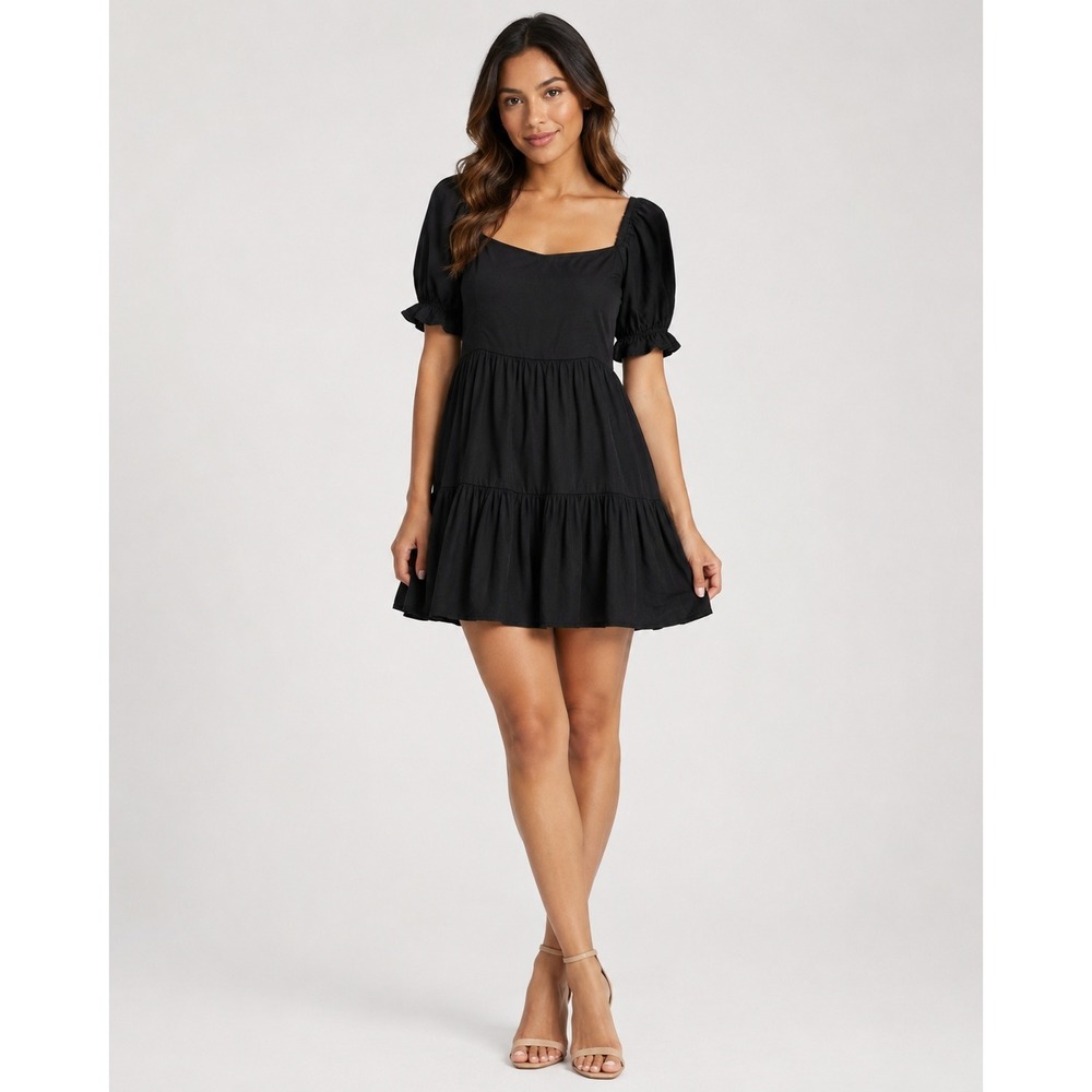 Beyond Words Black Tiered Mini Dress Size M Puff Sleeve Square Neck